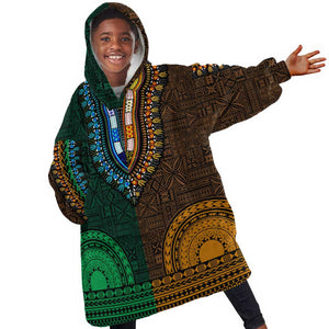 Green-gold Dashiki and Tapa Pattern Kid Wearable Blanket Hoodie Africa-Polynesia Together Culture
