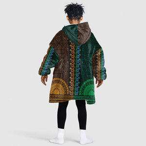 Green-gold Dashiki and Tapa Pattern Kid Wearable Blanket Hoodie Africa-Polynesia Together Culture