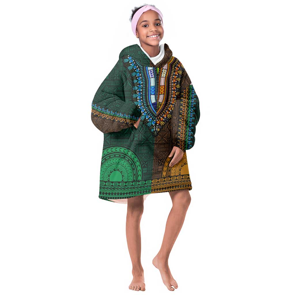 Green-gold Dashiki and Tapa Pattern Kid Wearable Blanket Hoodie Africa-Polynesia Together Culture