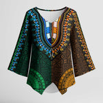 Green-gold Dashiki and Tapa Pattern Kimono Sleeve Blouse Africa-Polynesia Together Culture