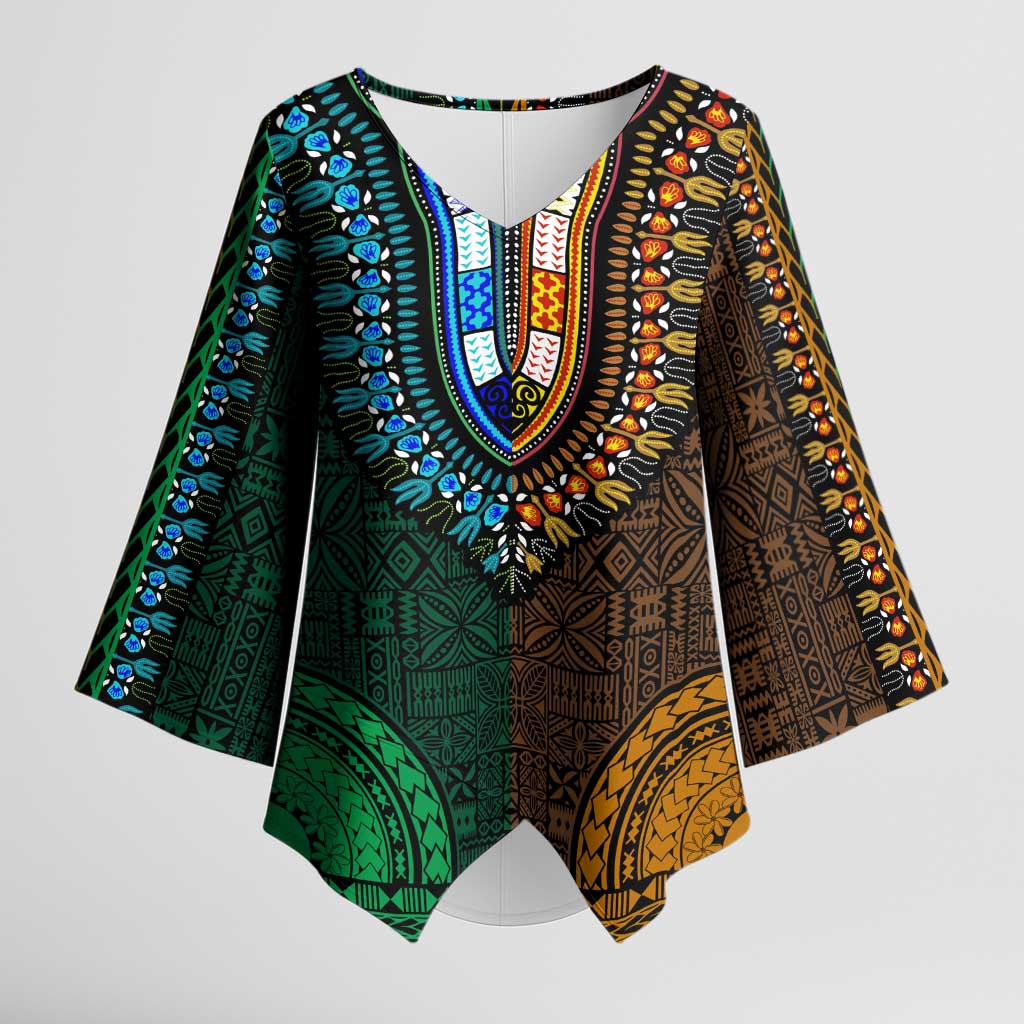 Green-gold Dashiki and Tapa Pattern Kimono Sleeve Blouse Africa-Polynesia Together Culture