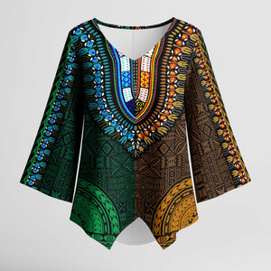 Green-gold Dashiki and Tapa Pattern Kimono Sleeve Blouse Africa-Polynesia Together Culture