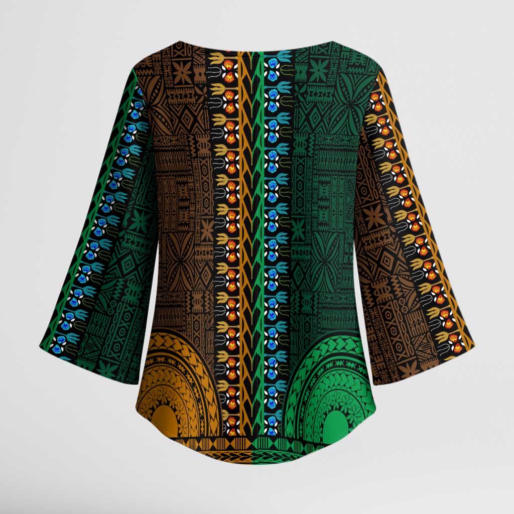 Green-gold Dashiki and Tapa Pattern Kimono Sleeve Blouse Africa-Polynesia Together Culture