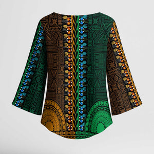 Green-gold Dashiki and Tapa Pattern Kimono Sleeve Blouse Africa-Polynesia Together Culture
