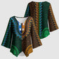 Green-gold Dashiki and Tapa Pattern Kimono Sleeve Blouse Africa-Polynesia Together Culture