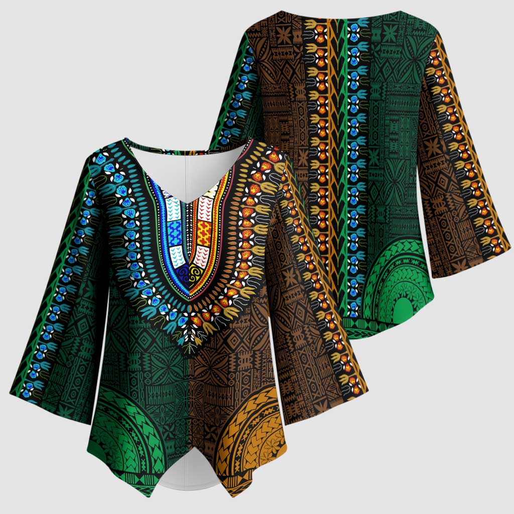 Green-gold Dashiki and Tapa Pattern Kimono Sleeve Blouse Africa-Polynesia Together Culture