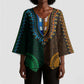 Green-gold Dashiki and Tapa Pattern Kimono Sleeve Blouse Africa-Polynesia Together Culture
