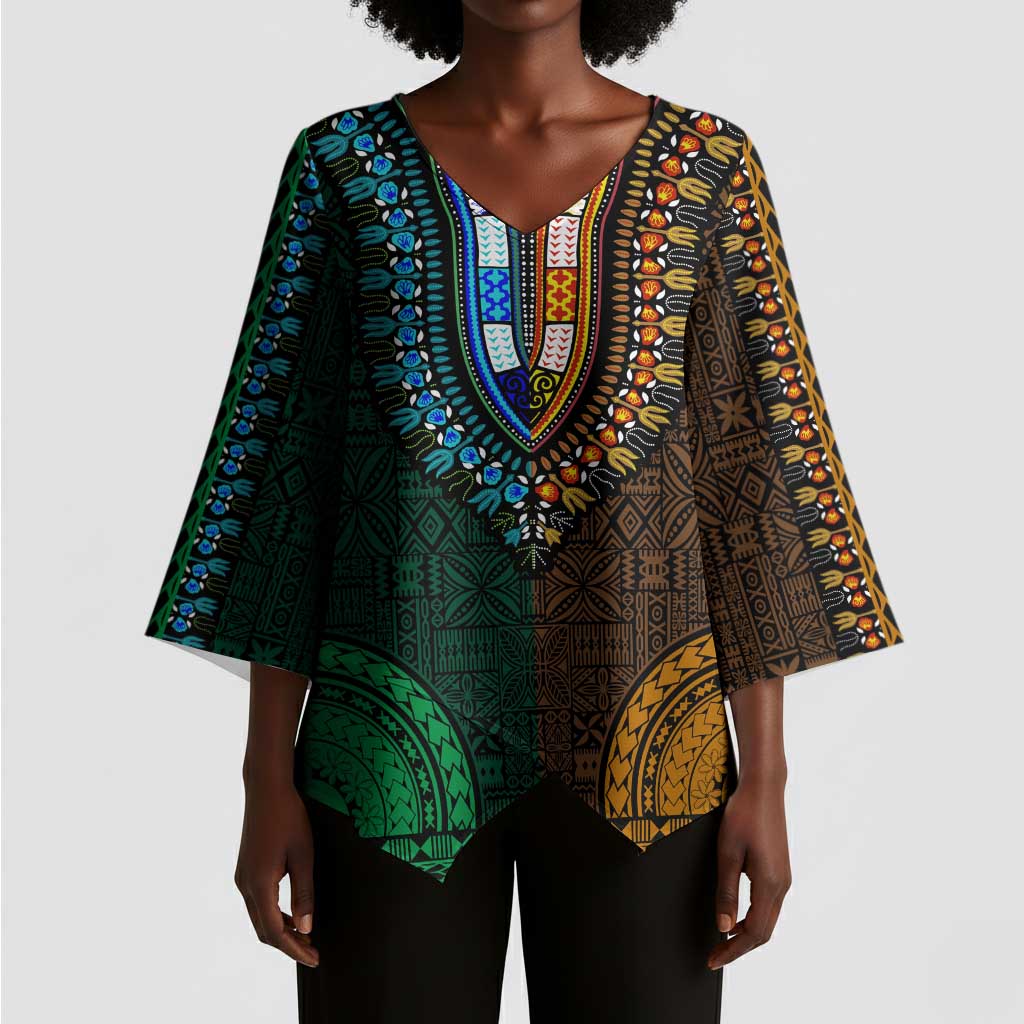 Green-gold Dashiki and Tapa Pattern Kimono Sleeve Blouse Africa-Polynesia Together Culture