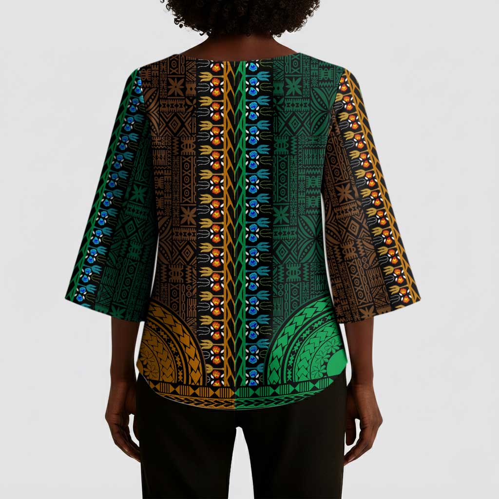 Green-gold Dashiki and Tapa Pattern Kimono Sleeve Blouse Africa-Polynesia Together Culture
