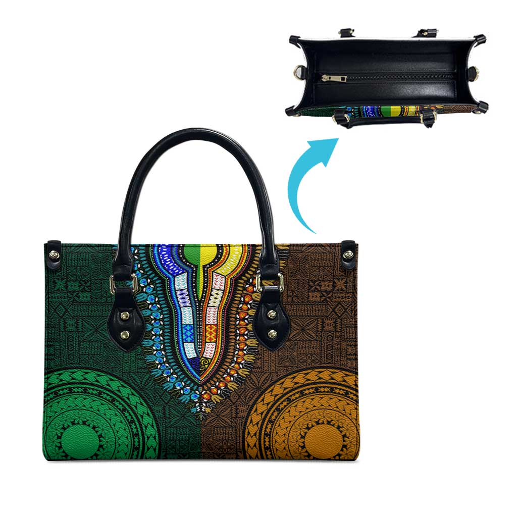 Green-gold Dashiki and Tapa Pattern Leather Bag Africa-Polynesia Together Culture