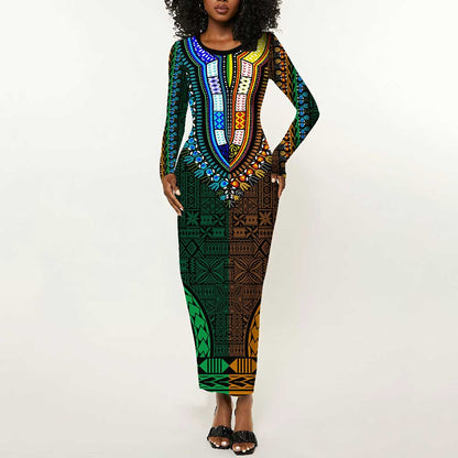 Green-gold Dashiki and Tapa Pattern Long Sleeve Bodycon Dress Africa-Polynesia Together Culture LT9