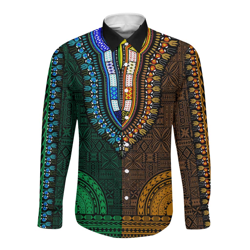 Green-gold Dashiki and Tapa Pattern Long Sleeve Button Shirt Africa-Polynesia Together Culture