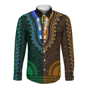 Green-gold Dashiki and Tapa Pattern Long Sleeve Button Shirt Africa-Polynesia Together Culture