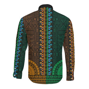 Green-gold Dashiki and Tapa Pattern Long Sleeve Button Shirt Africa-Polynesia Together Culture