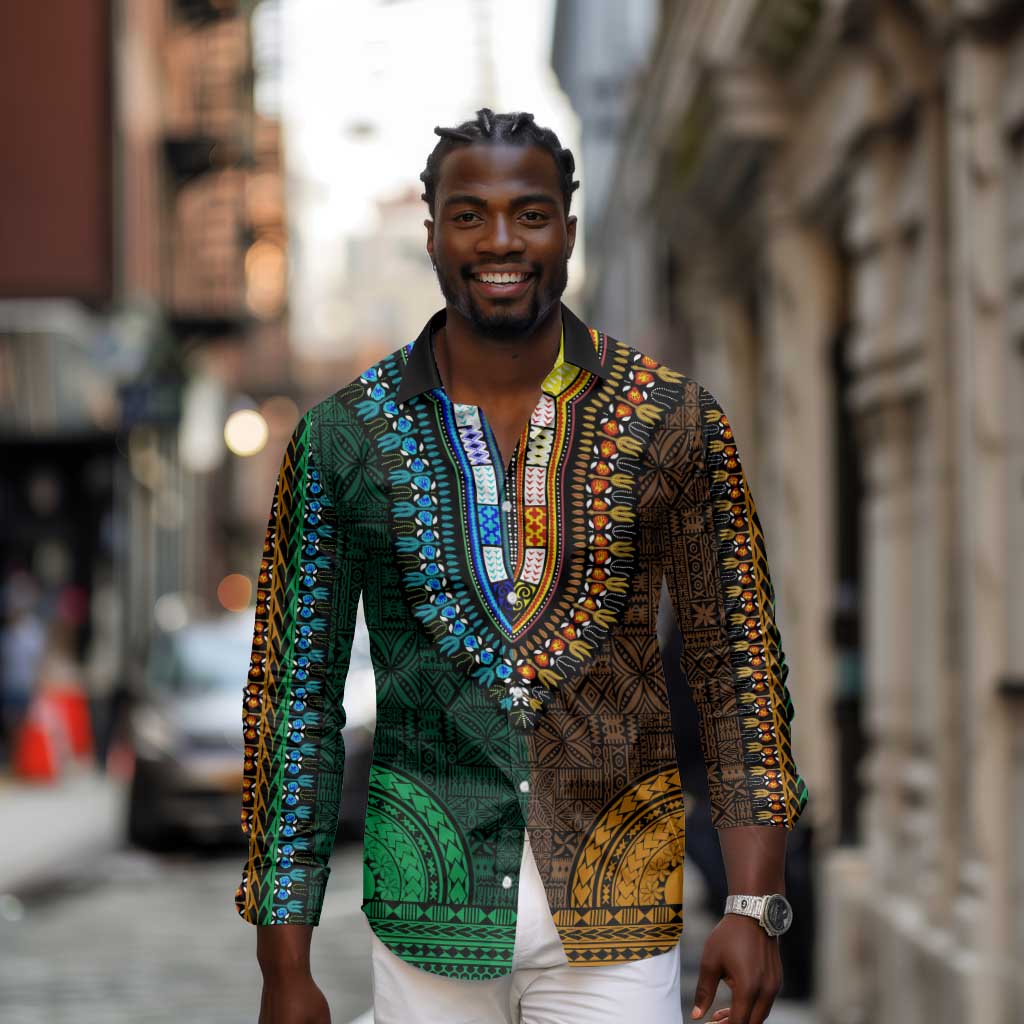 Green-gold Dashiki and Tapa Pattern Long Sleeve Button Shirt Africa-Polynesia Together Culture