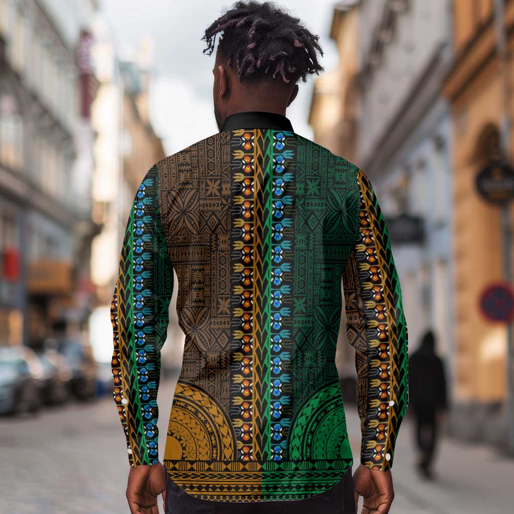 Green-gold Dashiki and Tapa Pattern Long Sleeve Button Shirt Africa-Polynesia Together Culture