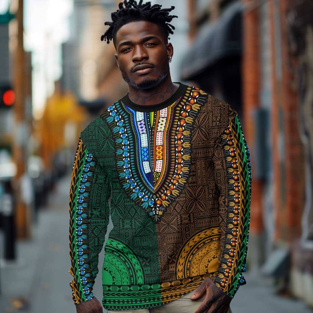 Green-gold Dashiki and Tapa Pattern Long Sleeve Shirt Africa-Polynesia Together Culture