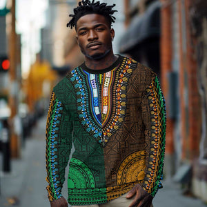 Green-gold Dashiki and Tapa Pattern Long Sleeve Shirt Africa-Polynesia Together Culture