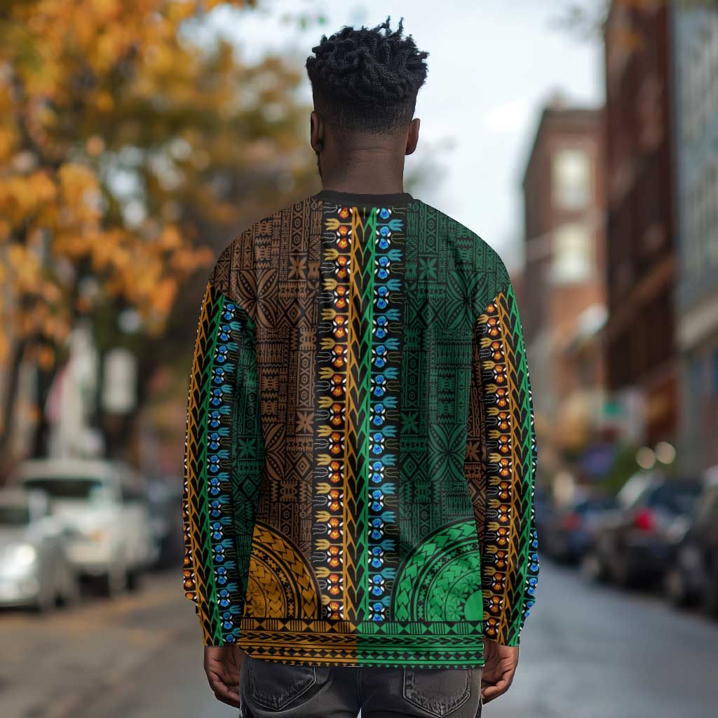 Green-gold Dashiki and Tapa Pattern Long Sleeve Shirt Africa-Polynesia Together Culture