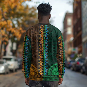 Green-gold Dashiki and Tapa Pattern Long Sleeve Shirt Africa-Polynesia Together Culture