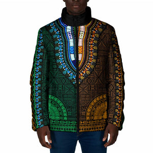 Green-gold Dashiki and Tapa Pattern Padded Jacket Africa-Polynesia Together Culture