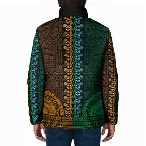 Green-gold Dashiki and Tapa Pattern Padded Jacket Africa-Polynesia Together Culture