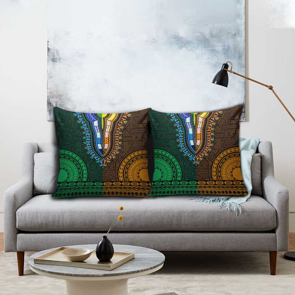 Green-gold Dashiki and Tapa Pattern Pillow Cover Africa-Polynesia Together Culture