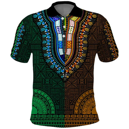 Green-gold Dashiki and Tapa Pattern Polo Shirt Africa-Polynesia Together Culture