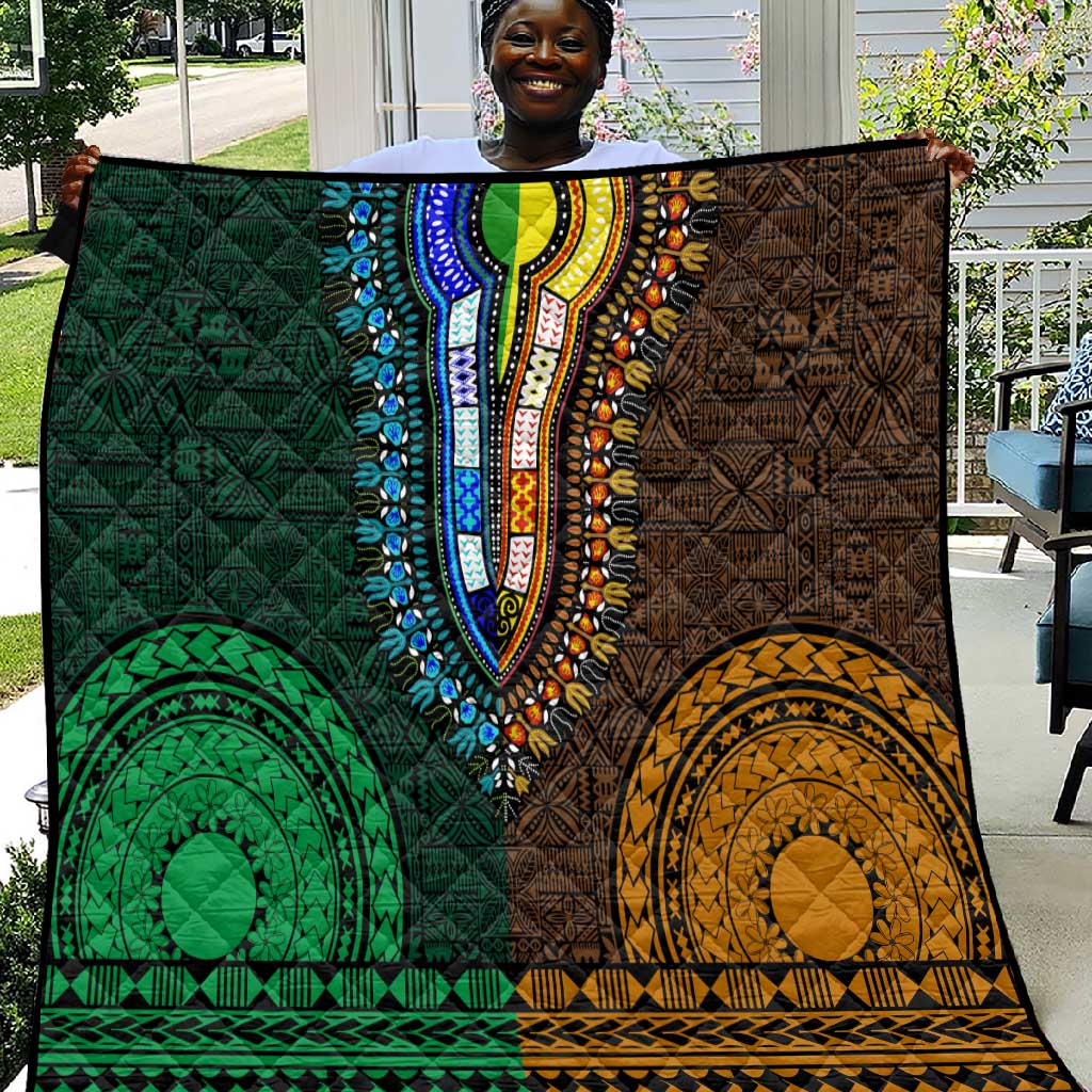 Green-gold Dashiki and Tapa Pattern Quilt Africa-Polynesia Together Culture