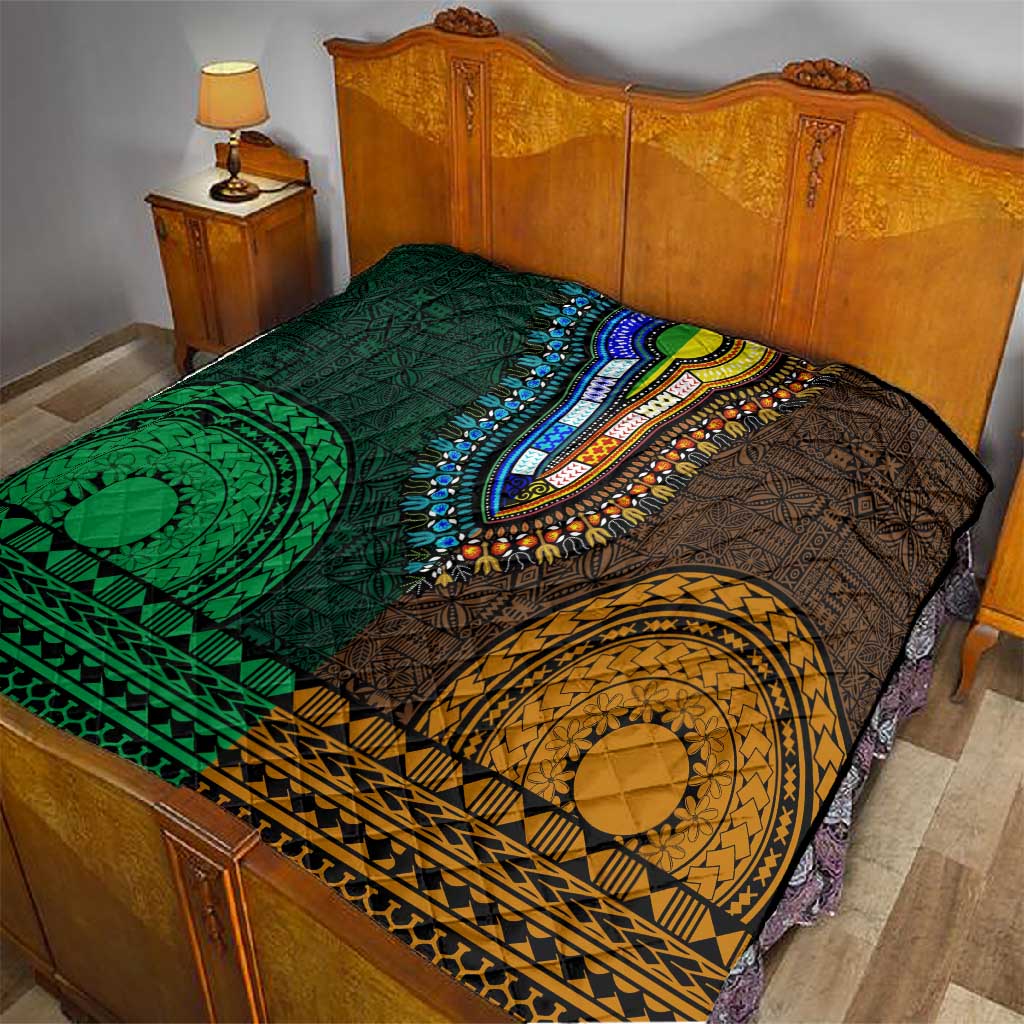 Green-gold Dashiki and Tapa Pattern Quilt Africa-Polynesia Together Culture
