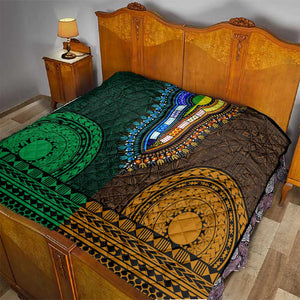 Green-gold Dashiki and Tapa Pattern Quilt Africa-Polynesia Together Culture