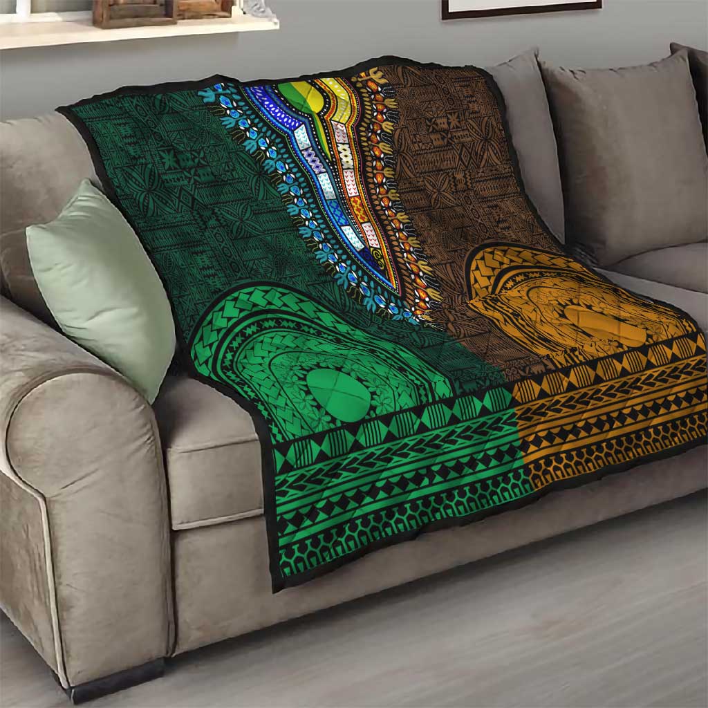 Green-gold Dashiki and Tapa Pattern Quilt Africa-Polynesia Together Culture
