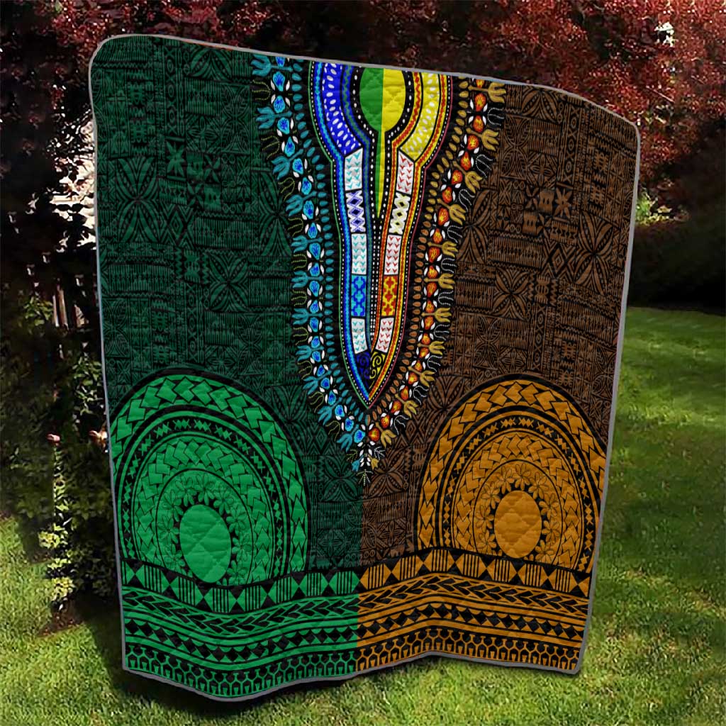 Green-gold Dashiki and Tapa Pattern Quilt Africa-Polynesia Together Culture