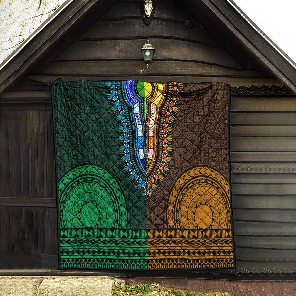 Green-gold Dashiki and Tapa Pattern Quilt Africa-Polynesia Together Culture