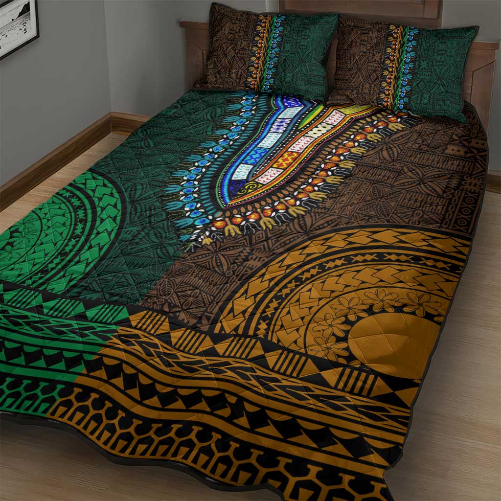 Green-gold Dashiki and Tapa Pattern Quilt Bed Set Africa-Polynesia Together Culture