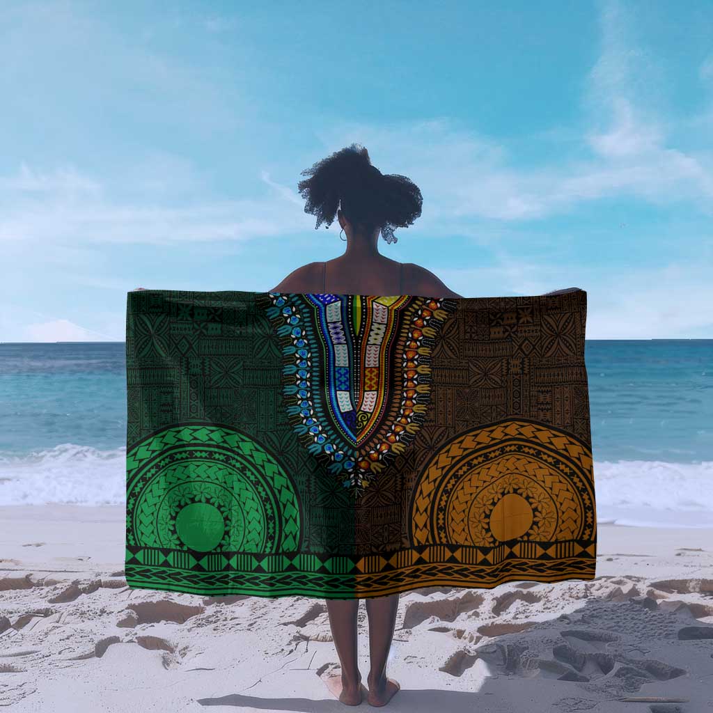 Green-gold Dashiki and Tapa Pattern Sarong Africa-Polynesia Together Culture