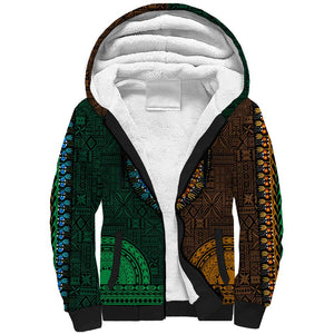 Green-gold Dashiki and Tapa Pattern Sherpa Hoodie Africa-Polynesia Together Culture