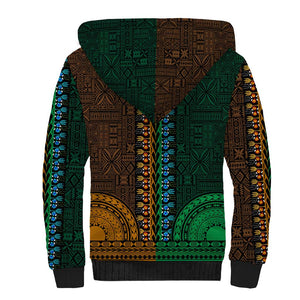 Green-gold Dashiki and Tapa Pattern Sherpa Hoodie Africa-Polynesia Together Culture