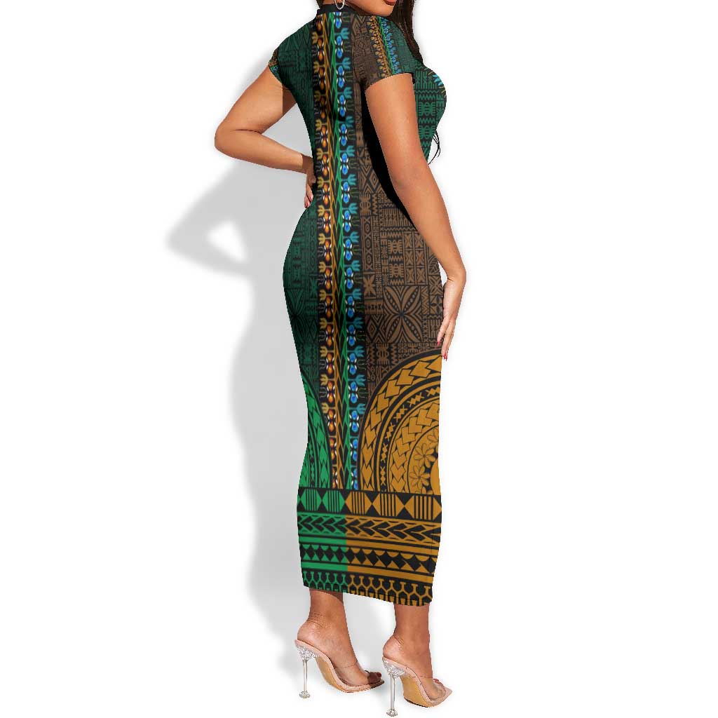 Green-gold Dashiki and Tapa Pattern Short Sleeve Bodycon Dress Africa-Polynesia Together Culture LT9
