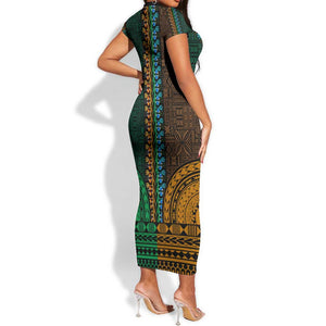 Green-gold Dashiki and Tapa Pattern Short Sleeve Bodycon Dress Africa-Polynesia Together Culture LT9