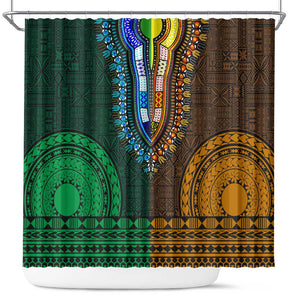 Green-gold Dashiki and Tapa Pattern Shower Curtain Africa-Polynesia Together Culture