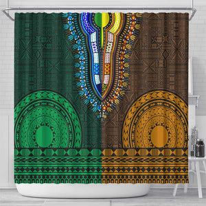 Green-gold Dashiki and Tapa Pattern Shower Curtain Africa-Polynesia Together Culture