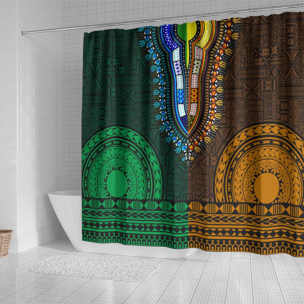 Green-gold Dashiki and Tapa Pattern Shower Curtain Africa-Polynesia Together Culture