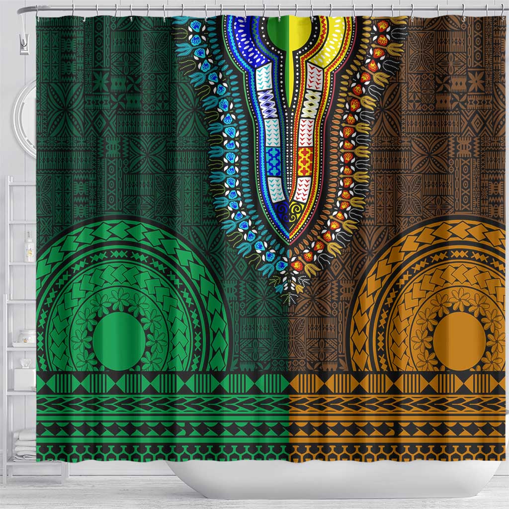 Green-gold Dashiki and Tapa Pattern Shower Curtain Africa-Polynesia Together Culture