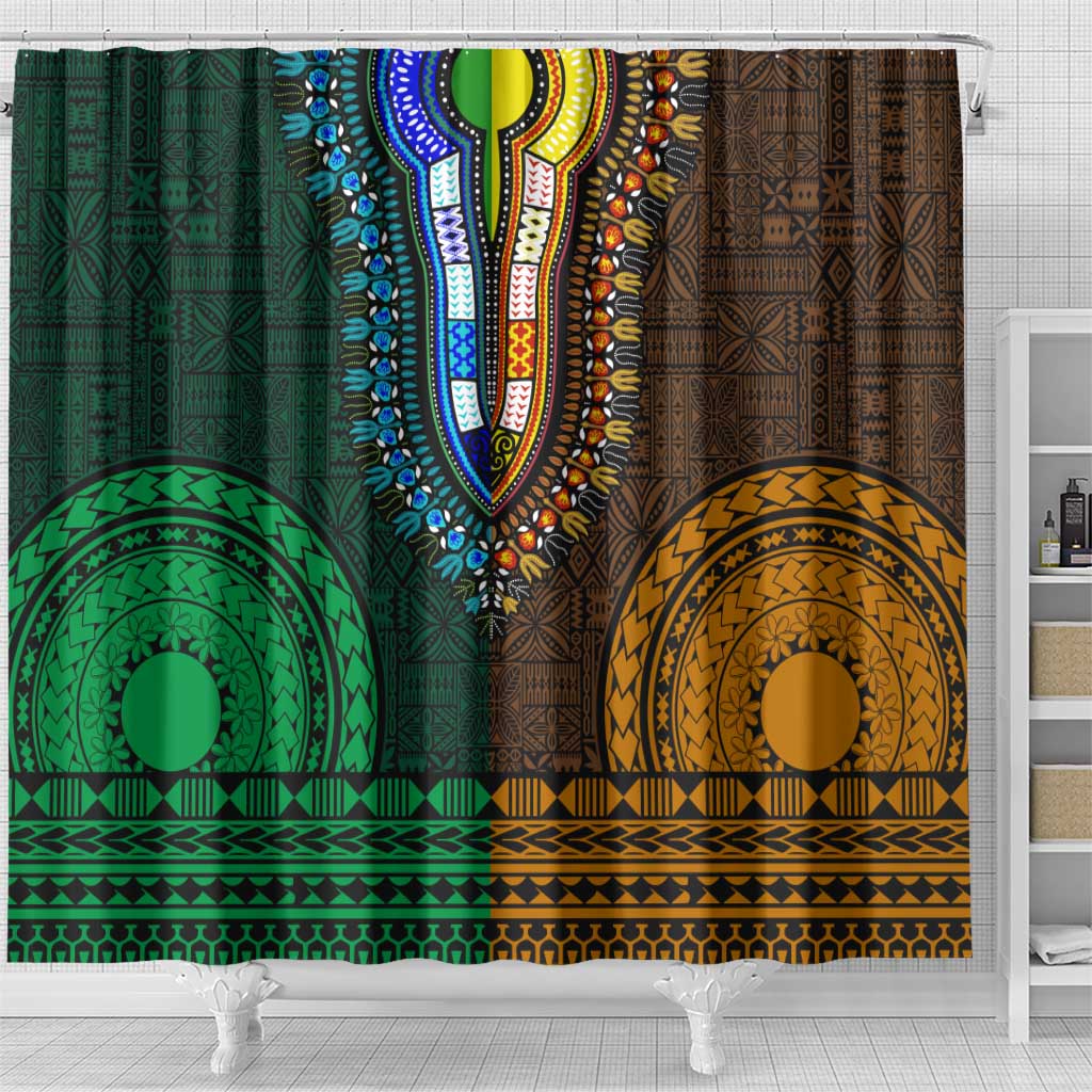 Green-gold Dashiki and Tapa Pattern Shower Curtain Africa-Polynesia Together Culture