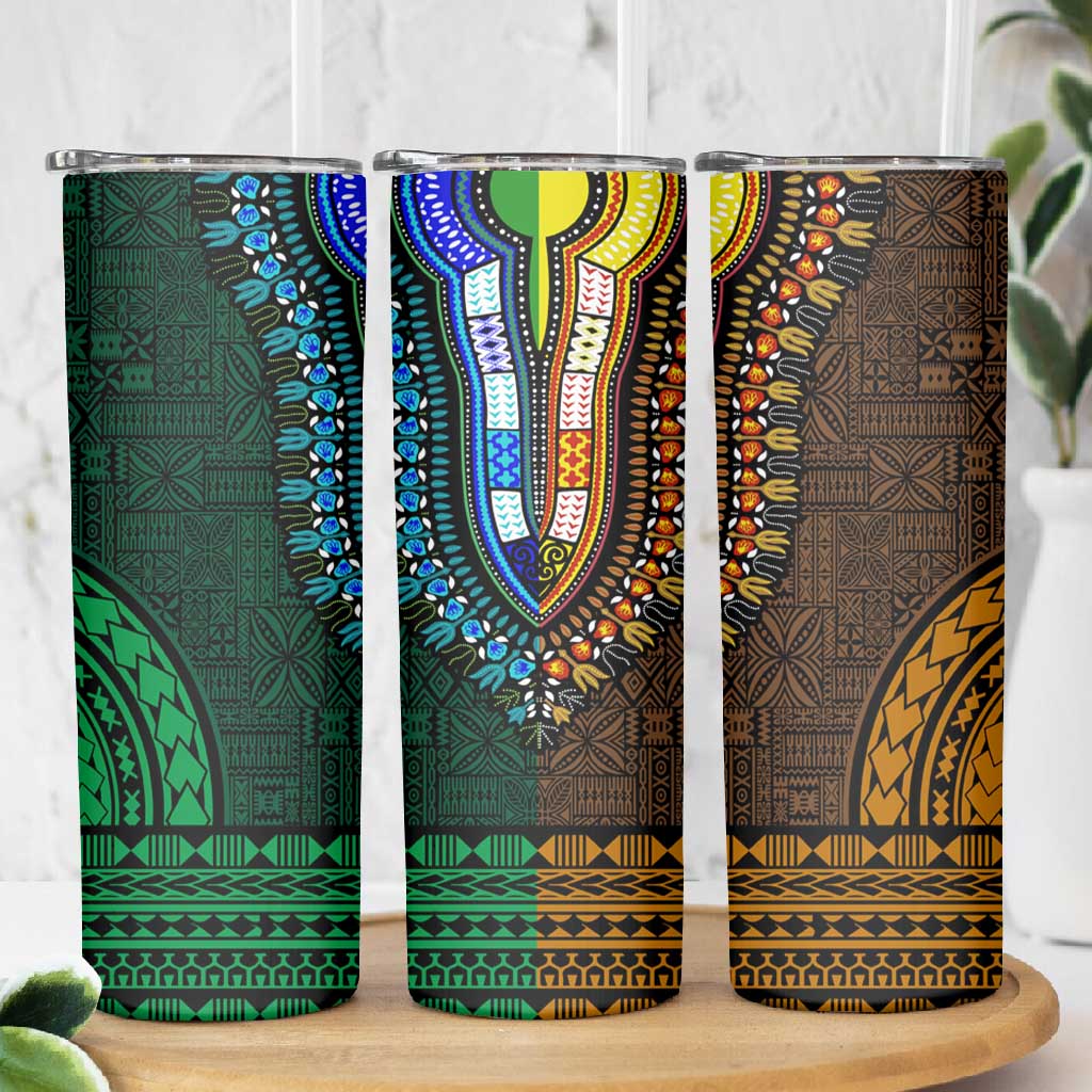 Green-gold Dashiki and Tapa Pattern Skinny Tumbler Africa-Polynesia Together Culture