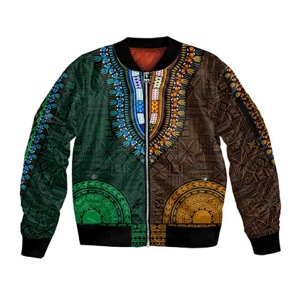 Green-gold Dashiki and Tapa Pattern Sleeve Zip Bomber Jacket Africa-Polynesia Together Culture
