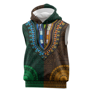 Green-gold Dashiki and Tapa Pattern Sleeveless Hoodie Africa-Polynesia Together Culture - African Pride