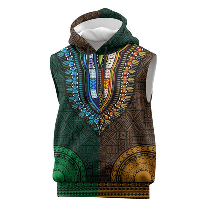 Green-gold Dashiki and Tapa Pattern Sleeveless Hoodie Africa-Polynesia Together Culture - African Pride