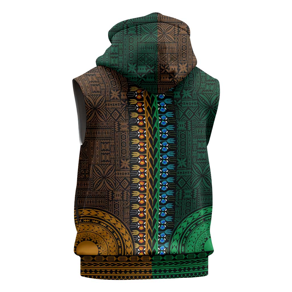 Green-gold Dashiki and Tapa Pattern Sleeveless Hoodie Africa-Polynesia Together Culture - African Pride